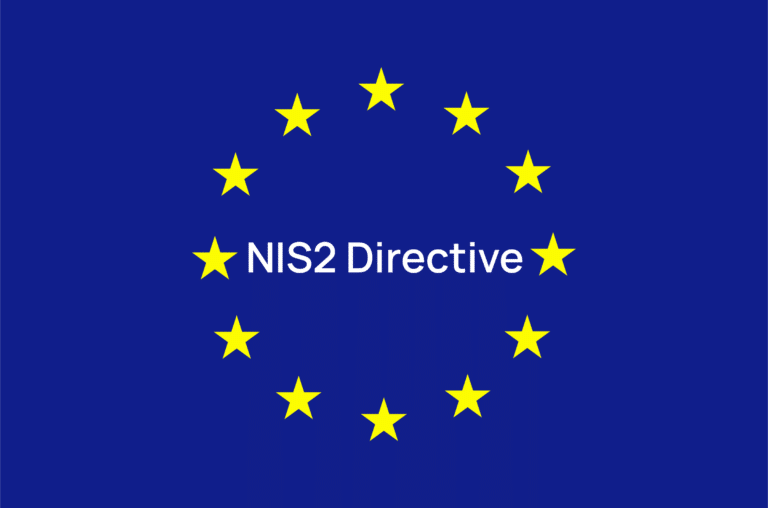 blue background, circle of gold stars and the words NIS2 Directive in the middle