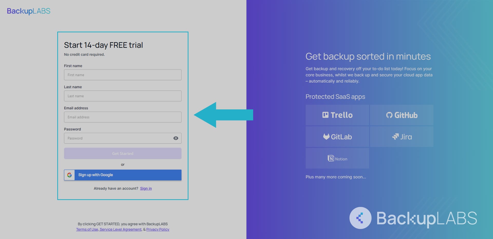 Create a BackupLABS account