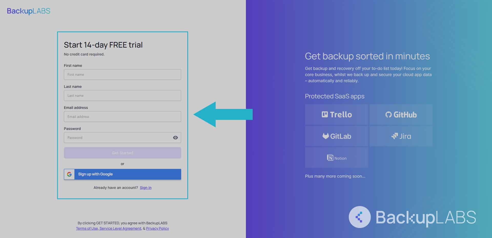 Create a BackupLABS account